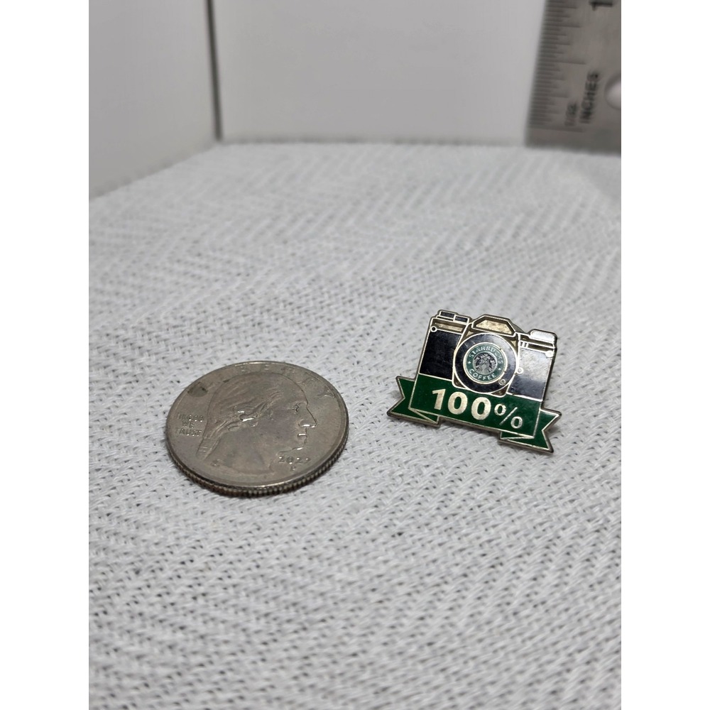 rare vintage Starbucks Coffee camera snapshot pin "100%" banner and old‎ logo